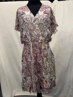 Hale Bob Pink Paisley V-Neck Tie-Waist Mini Dress